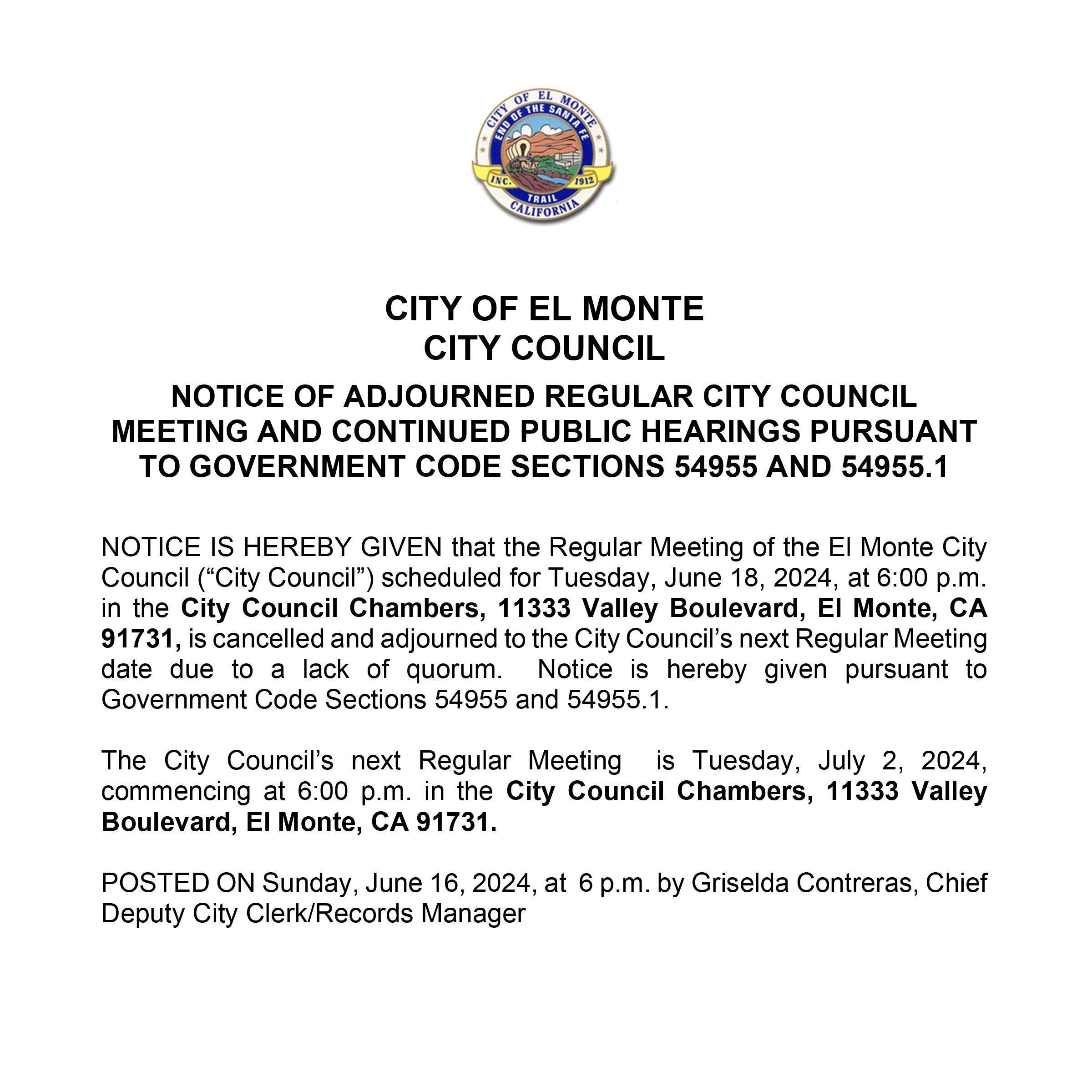 Notice of Cancellation - CC Regular Meeting 6-18-2024