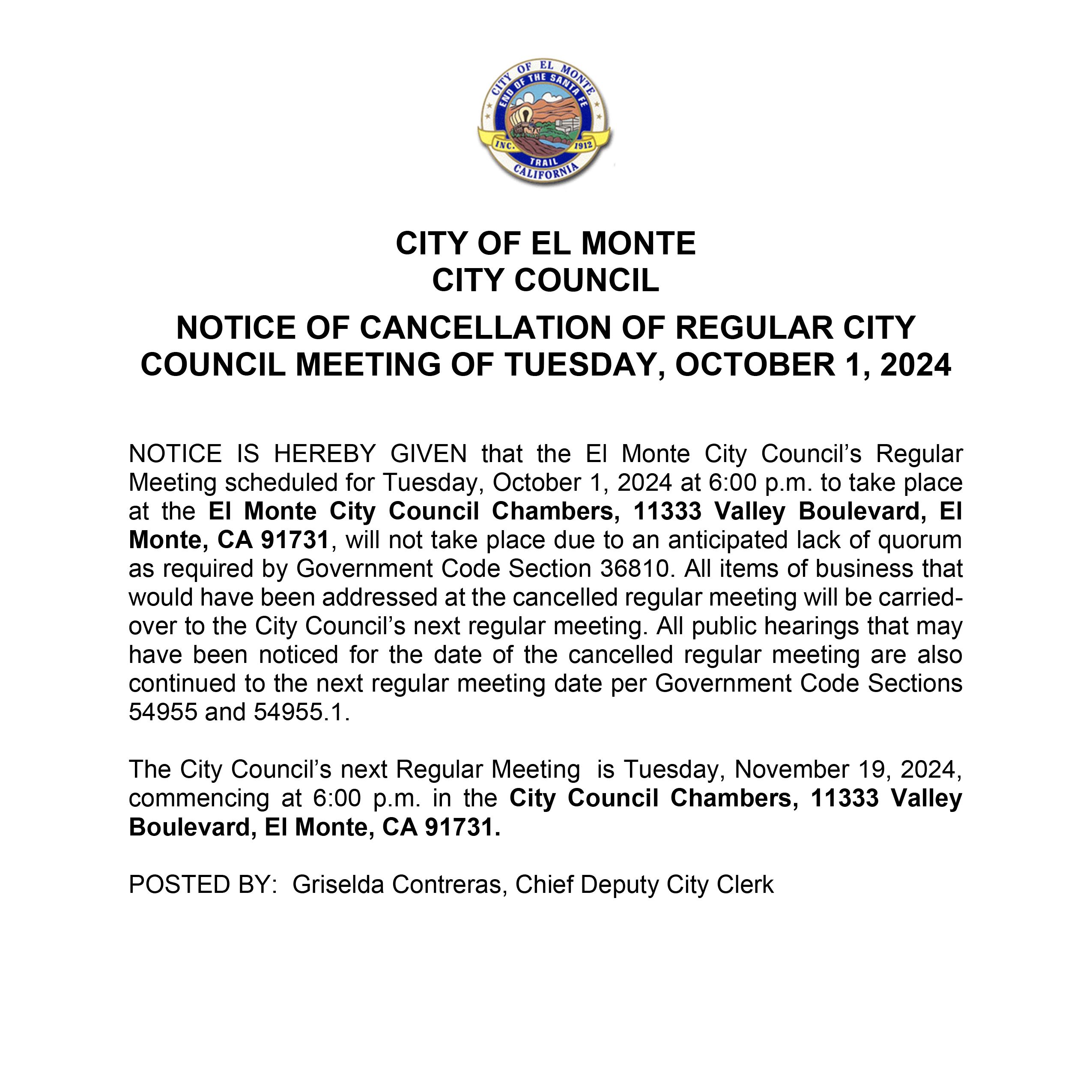El Monte City Council Notice of Cancellation 10-1-2024-01