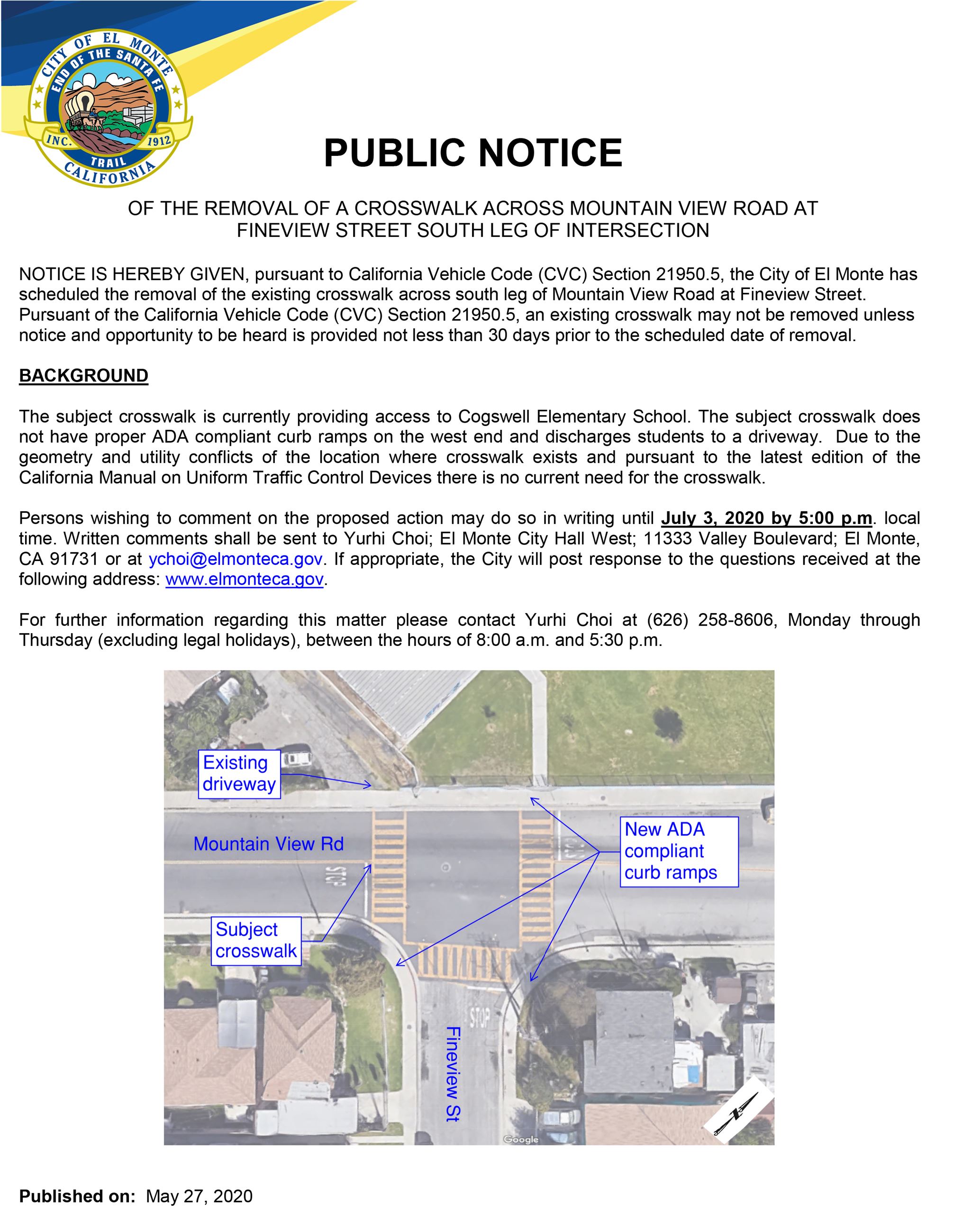 Public Notice for crosswalk removal